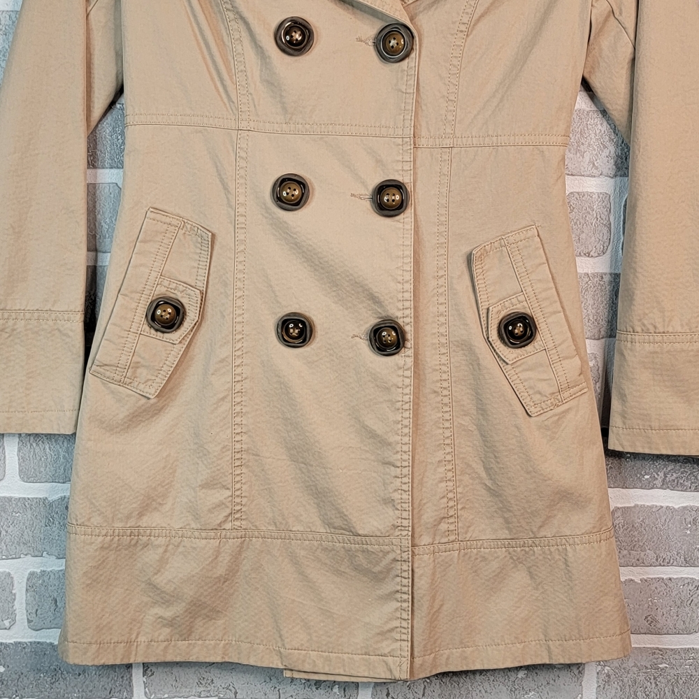 Form Fitting Mid Length Shorter Faux Double Brested Trench Coat Women's Unsized - Picture 2 of 14